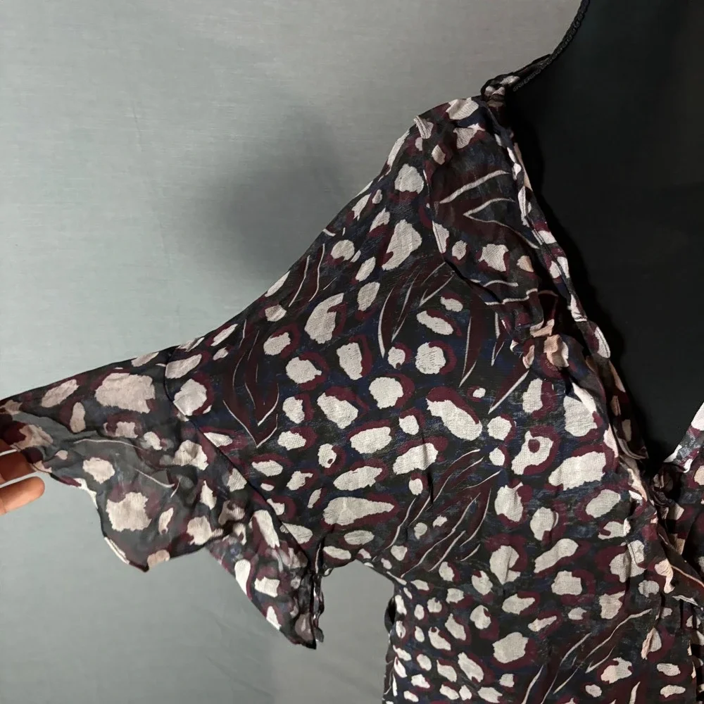 IRO Animal Print Silk Wrap Midi Dress Ruffle Sleeve‎ Tie Waist 36
